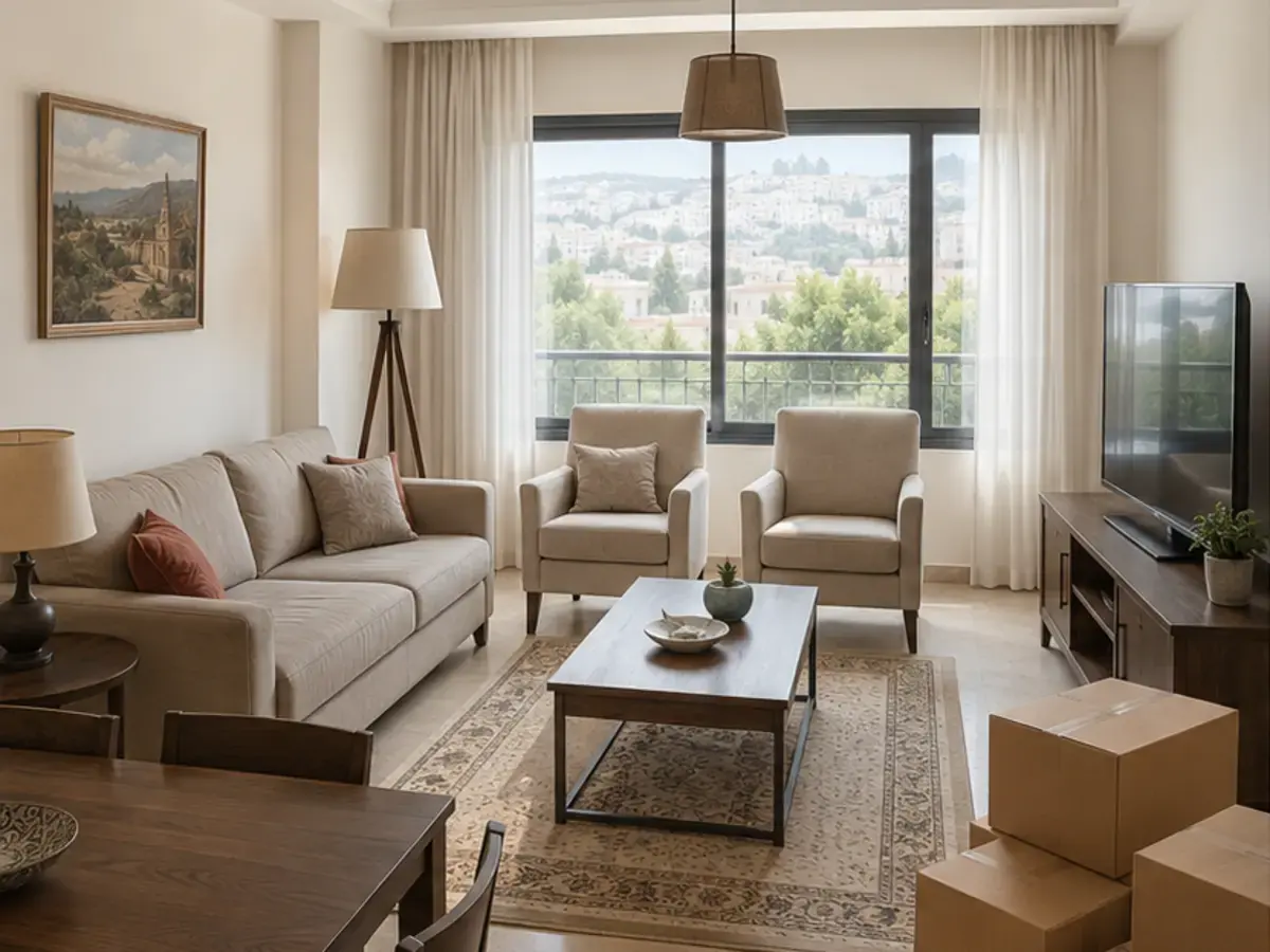 Taşınma öncesinde eşyalarla dolu mobilyalı salon